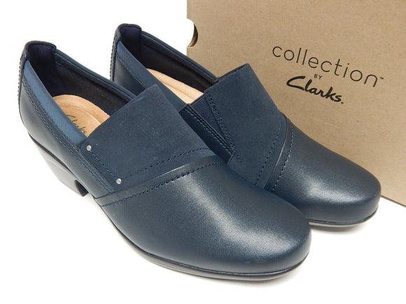 Clarks Emily Step Sz US 9 W WIDE EU 40 Women's Leather Slip-On Heeled Shoes Navy