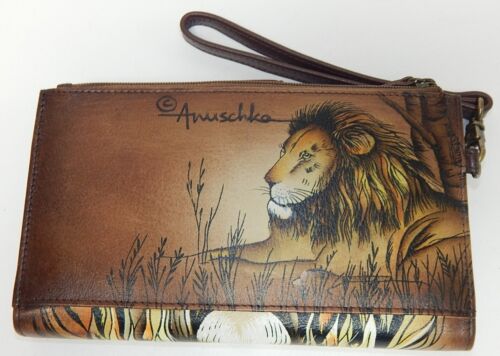 Anuschka Hand-Painted Leather Wallet with Phone Pocket & Wrist Strap Lions Pride
