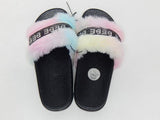 bebe Girls Sz M US 13/1 (Y) Little Kids Girls Faux Fur-Trim Slide Sandals Black