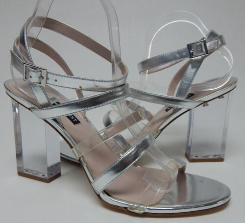 Nine West Fazzani Size US 10.5 M Women's High Block Heel Strappy Sandals Silver
