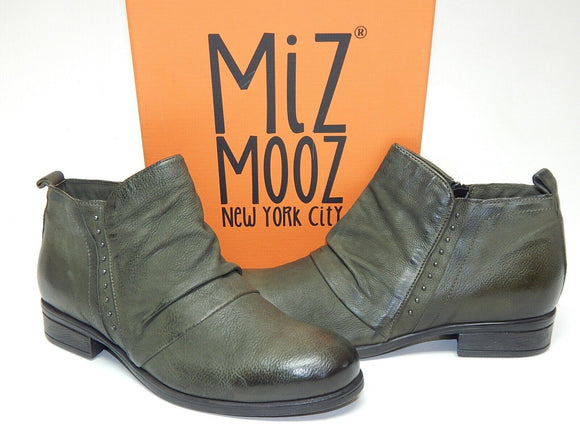 Miz Mooz Snap Sz EU 41 W (US 9.5-10 W WIDE) Womens Leather Studded Booties Olive