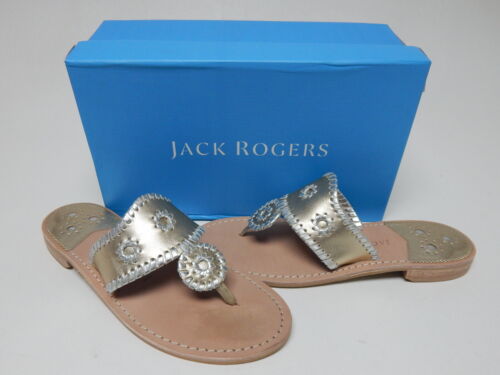 Jack Rogers Jacks Size 10 M Women's Leather T-Strap Slide Flat Sandals Platinum