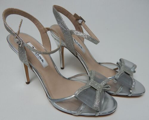 Nina Size US 8.5 M EU 38.5 Women's Bow Accent Ankle Strap Heeled Sandals Silver