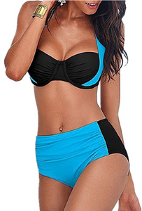 Windowpane Push Up Padded Halter Bikini Large (L) Swimsuit Blue / Black
