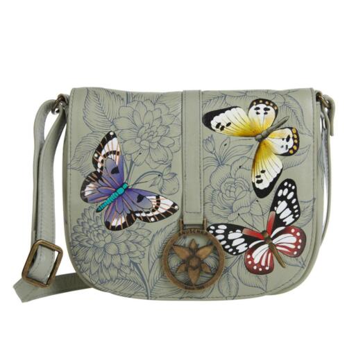Anuschka Womens Hand-Painted Leather Saddle Crossbody Bag Butterfly Garden Taupe
