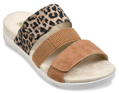 Spenco Tessa Sz 5.5 W WIDE Women's Leather Adjustable Slide Sandals Tan Cheetah