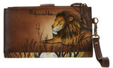 Anuschka Hand-Painted Leather Wallet with Phone Pocket & Wrist Strap Lions Pride