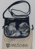 Anuschka Women's Hand-Painted Leather Saddle Crossbody Bag Romantic Rose Navy