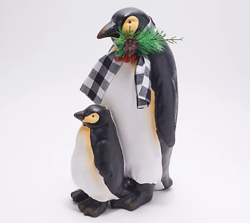 Plow & Hearth Mama & Baby Holiday Penguins w/ Ribbon Indoor Christmas Decoration