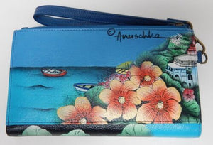 Anuschka Hand-Painted Leather Wallet with Phone Pocket & Wrist Strap Amalfi Dawn