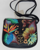 Anuschka Women's Hand-Painted Leather Saddle Crossbody Bag Tropical Dreams Black